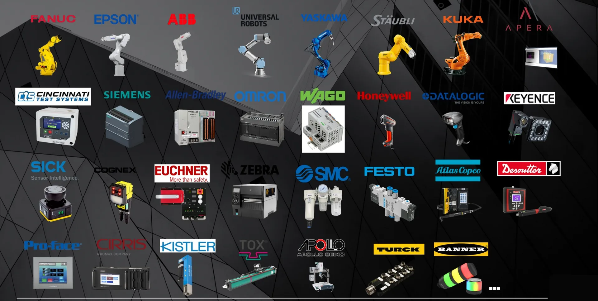 ABB, FANUC, KUKA, Yaskawa, Universal Robots, Siemens, Allen-Bradley, Keyence, Cognex, SICK, Festo, SMC, Apera AI…